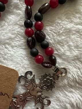 Dove Cross Necklace (garnet, red jade and black matte Tibetan gemstone)